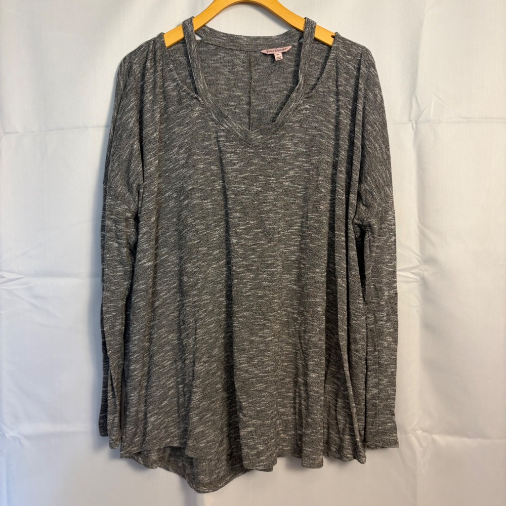 Juicy Couture Women XL Gray Space Dye V-Neck Cutout Shoulder Long Sleeve Top